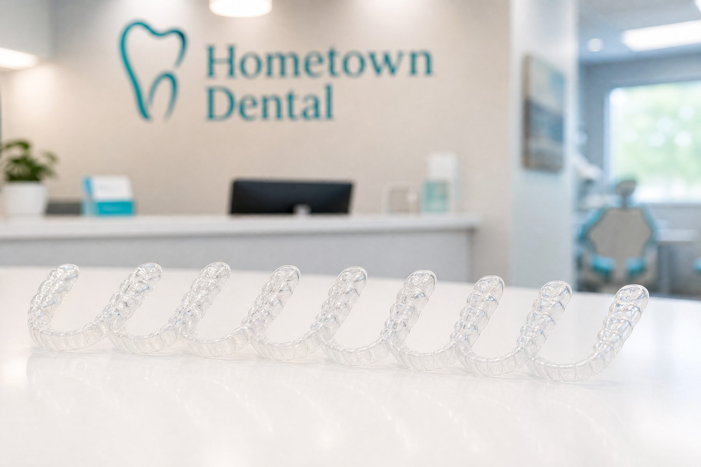 Series of clear Invisalign aligners showing progression