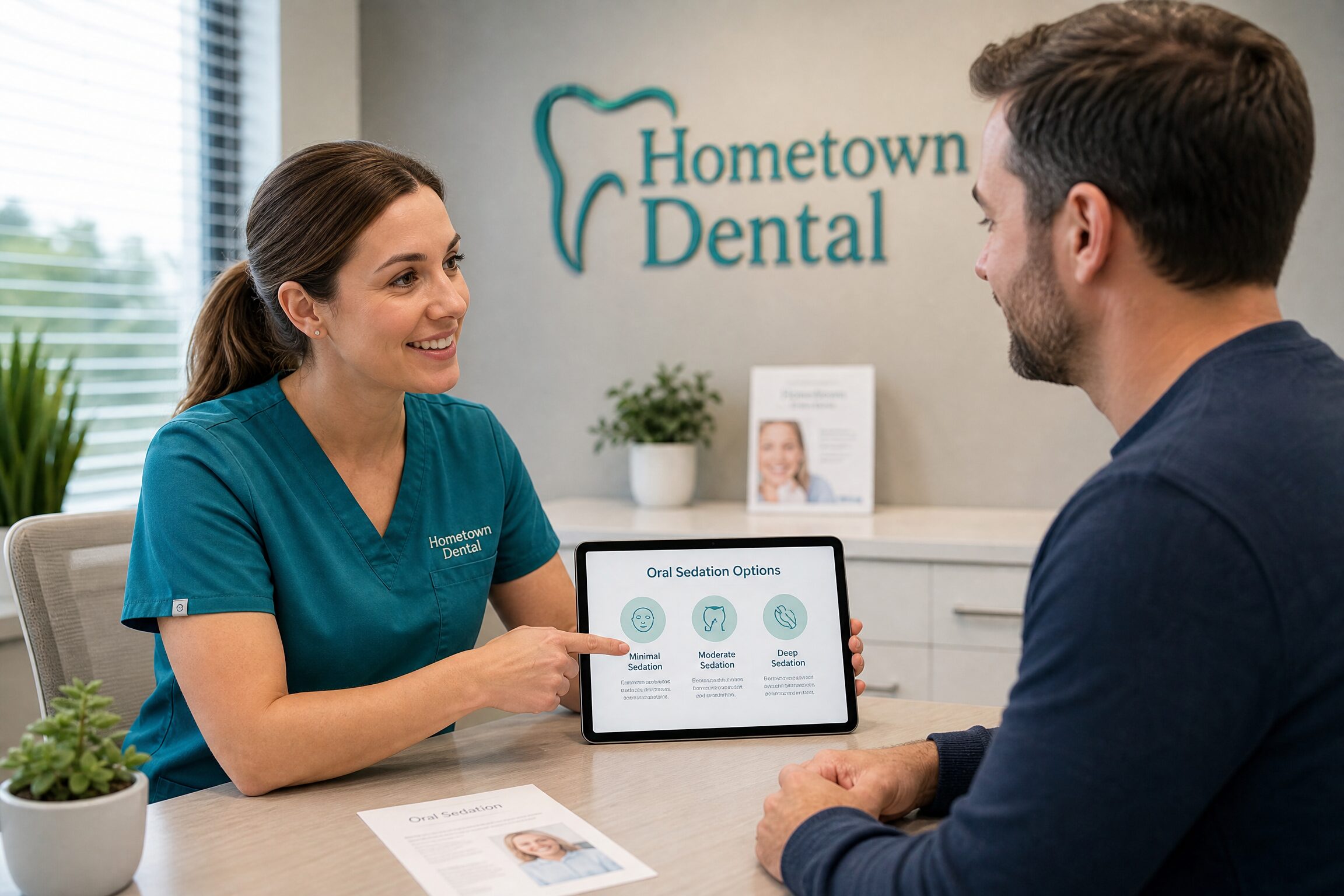 Dentist consulting with patient about oral sedation