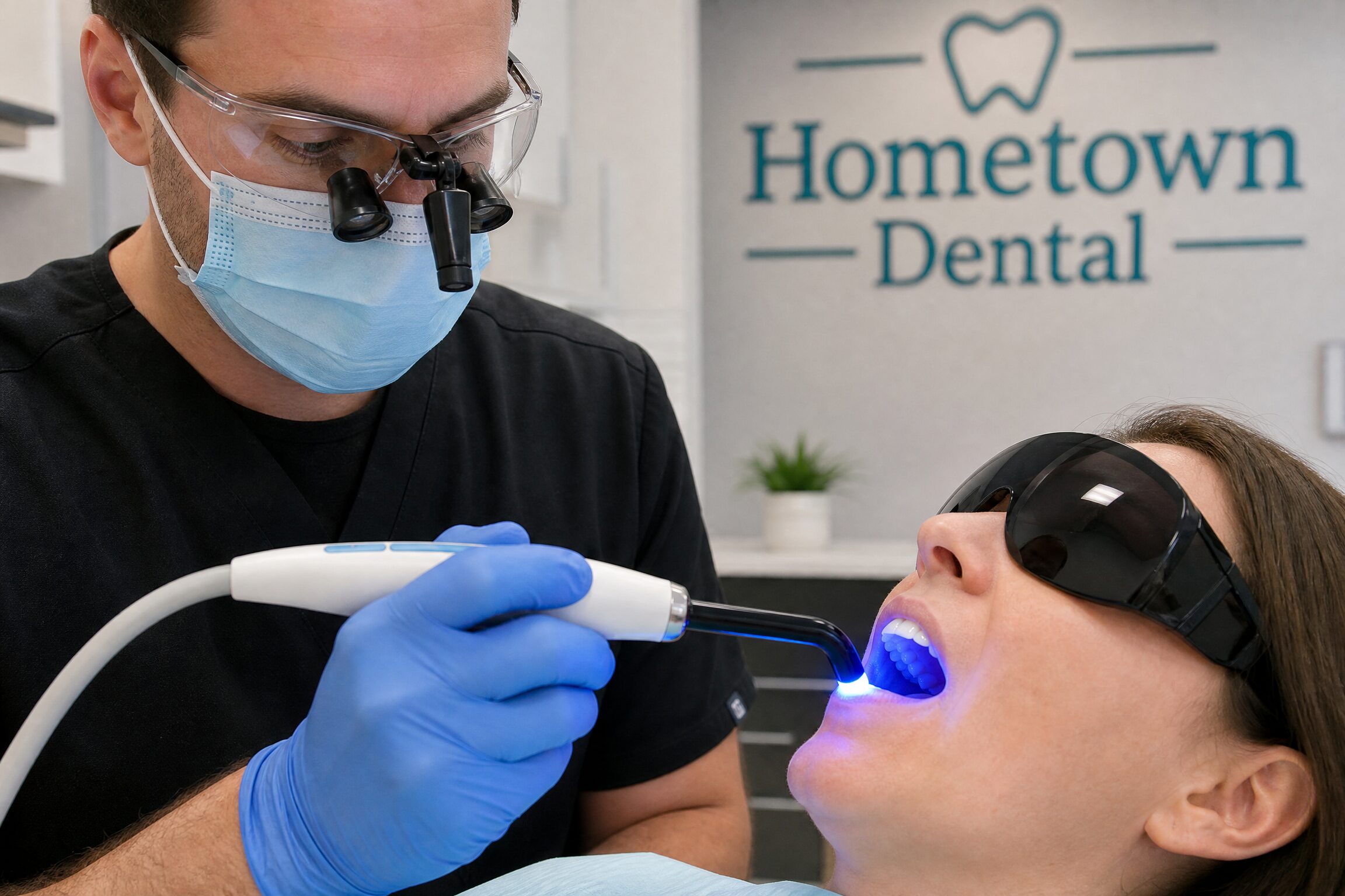 Dentist using curing light during cosmetic bonding procedure