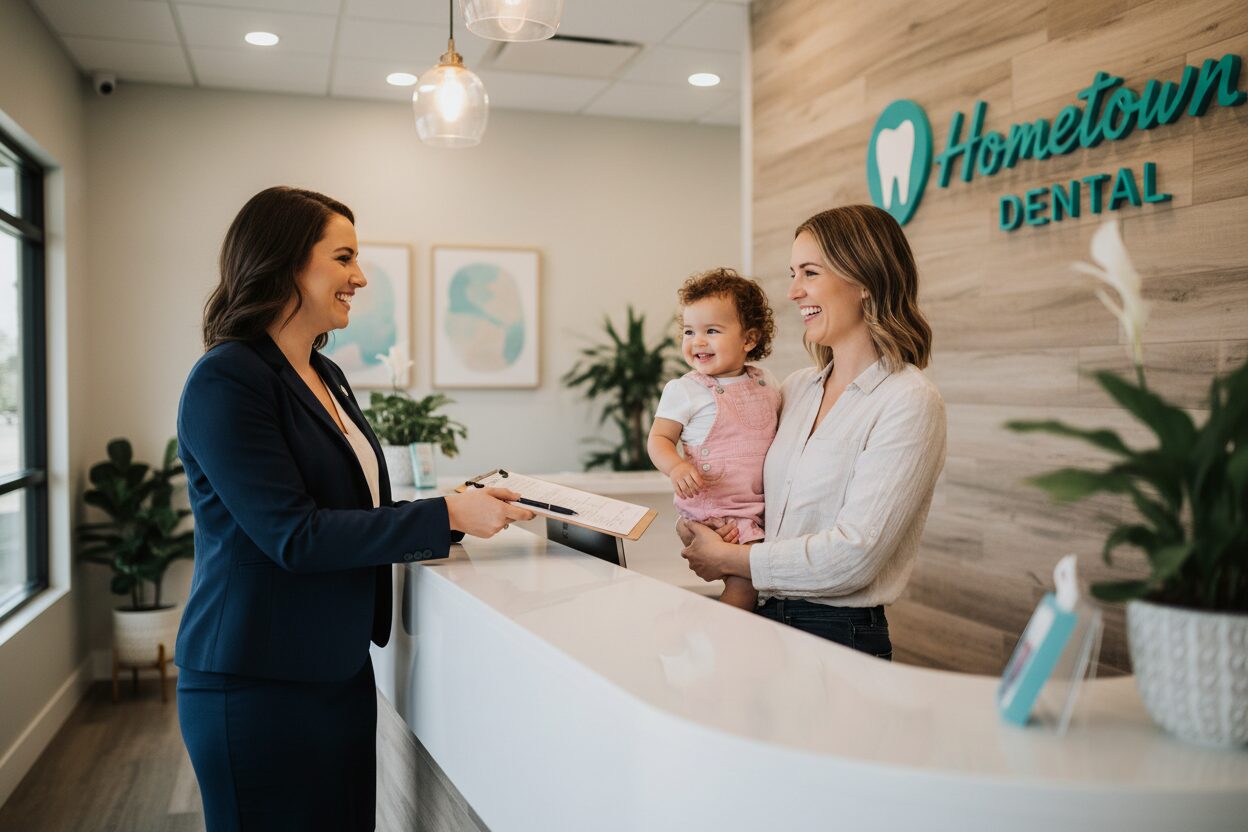 Friendly receptionist welcoming a mother and child from Fowlerville to Hometown Dental