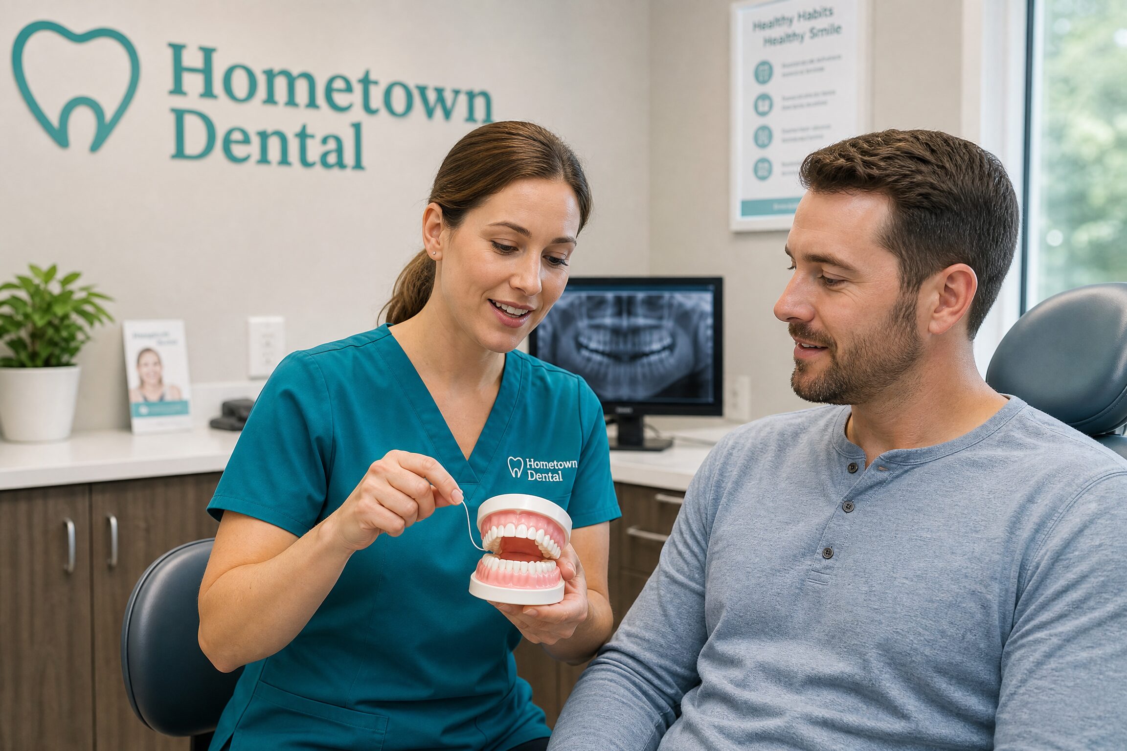 Patient learning proper flossing