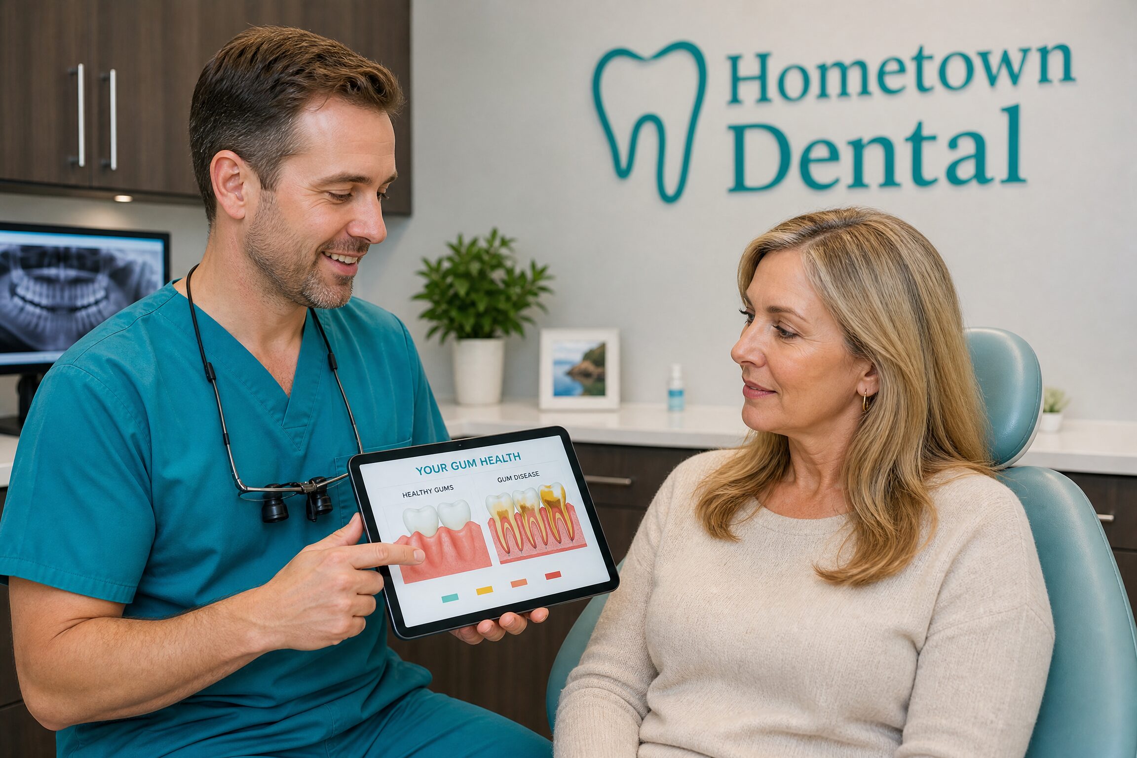 Dentist evaluating patient's gum health chart