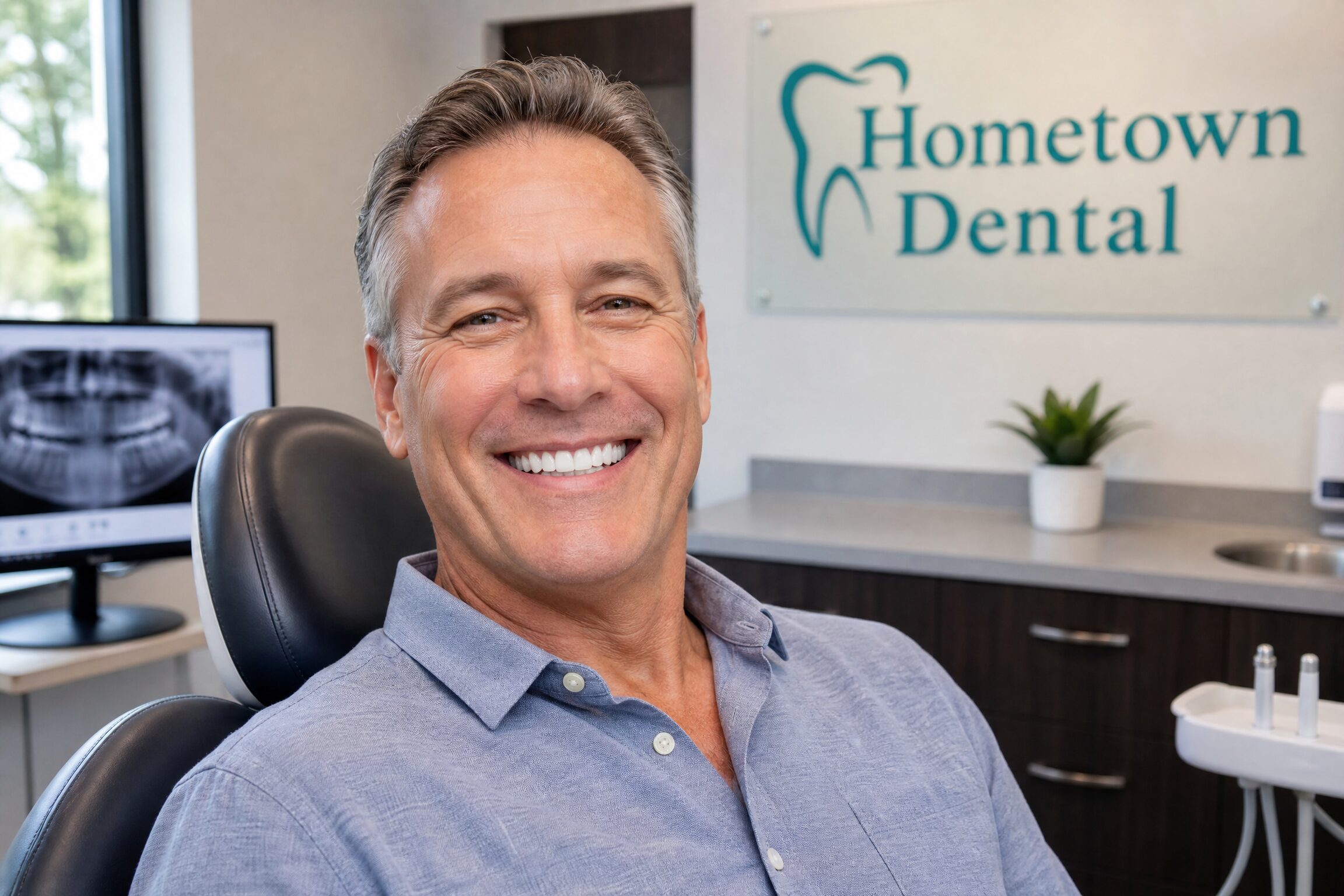 Happy patient showing off their new smile after getting a dental bridge