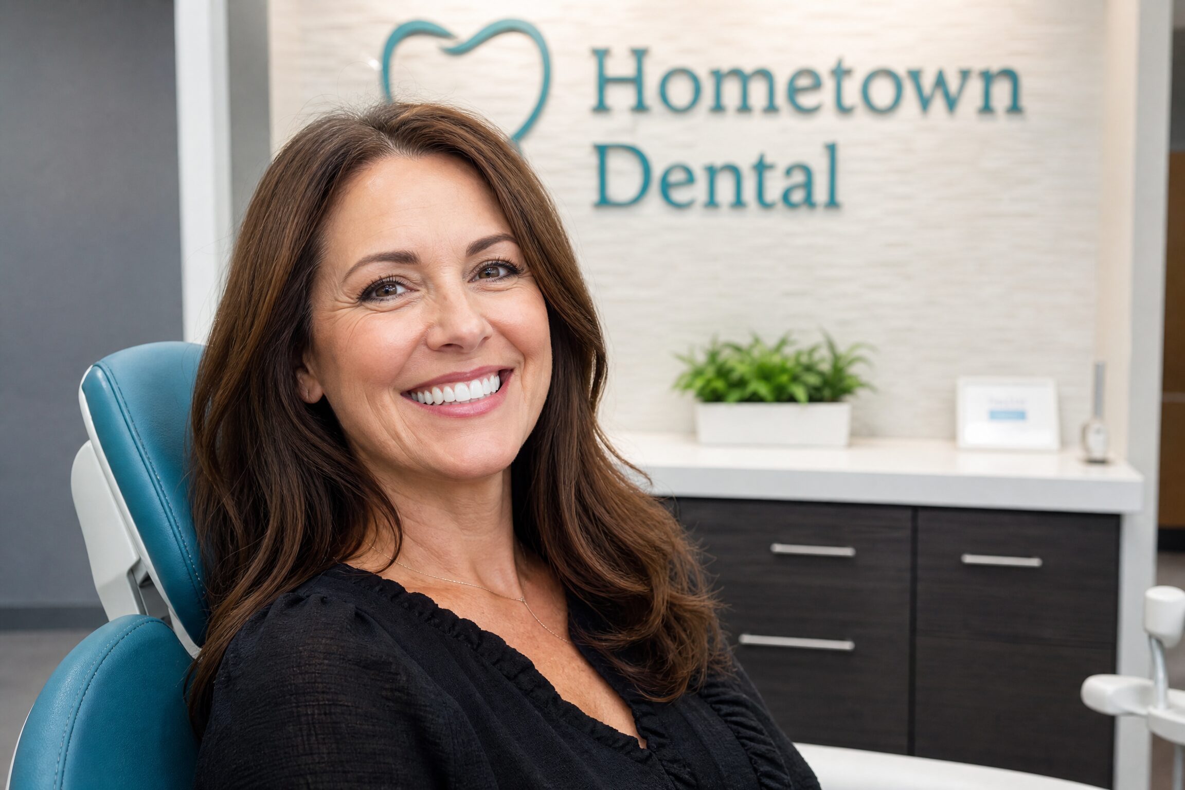 Patient smiling happily after receiving a dental crown