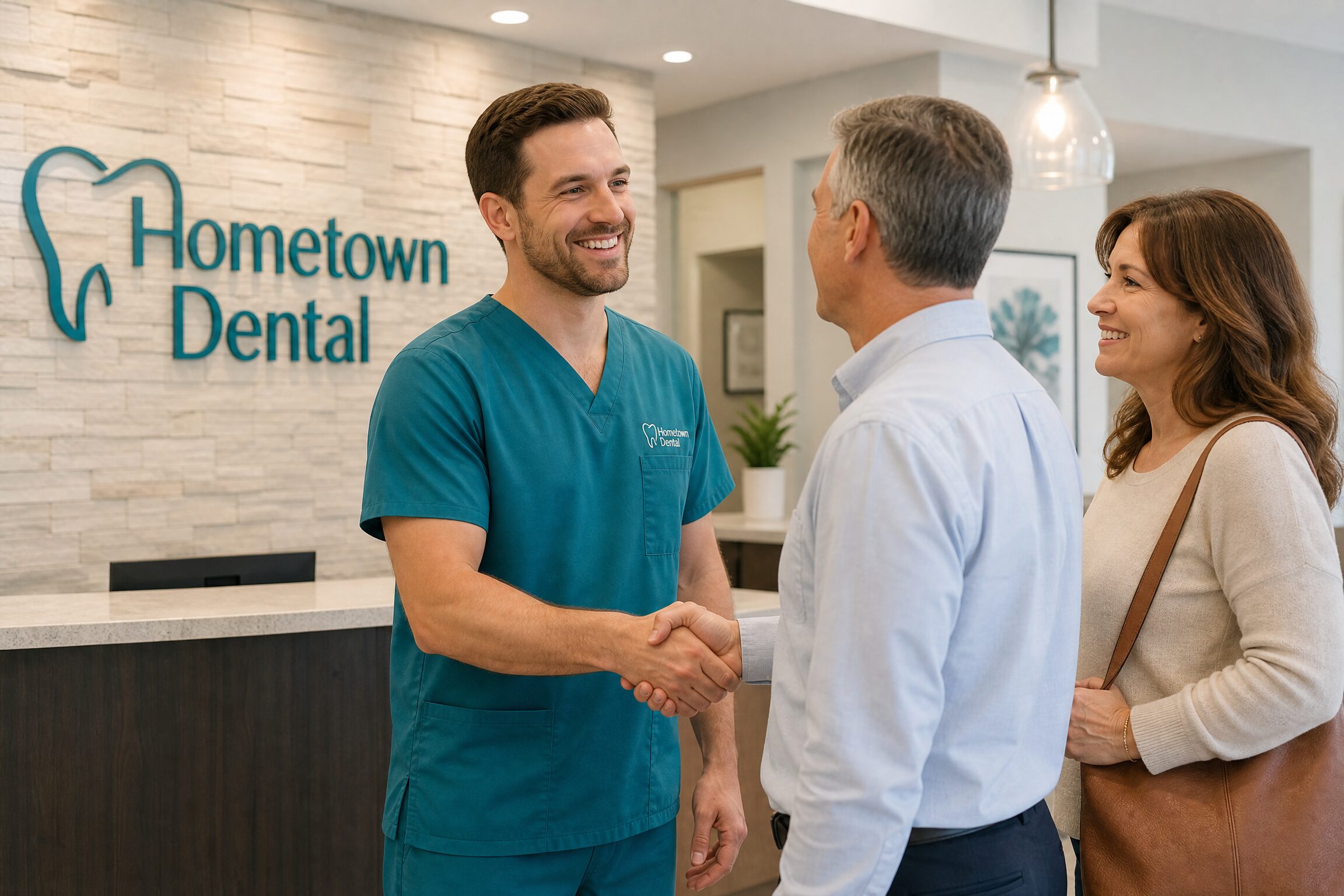 Dentist shaking hands with a happy patient from Hartland