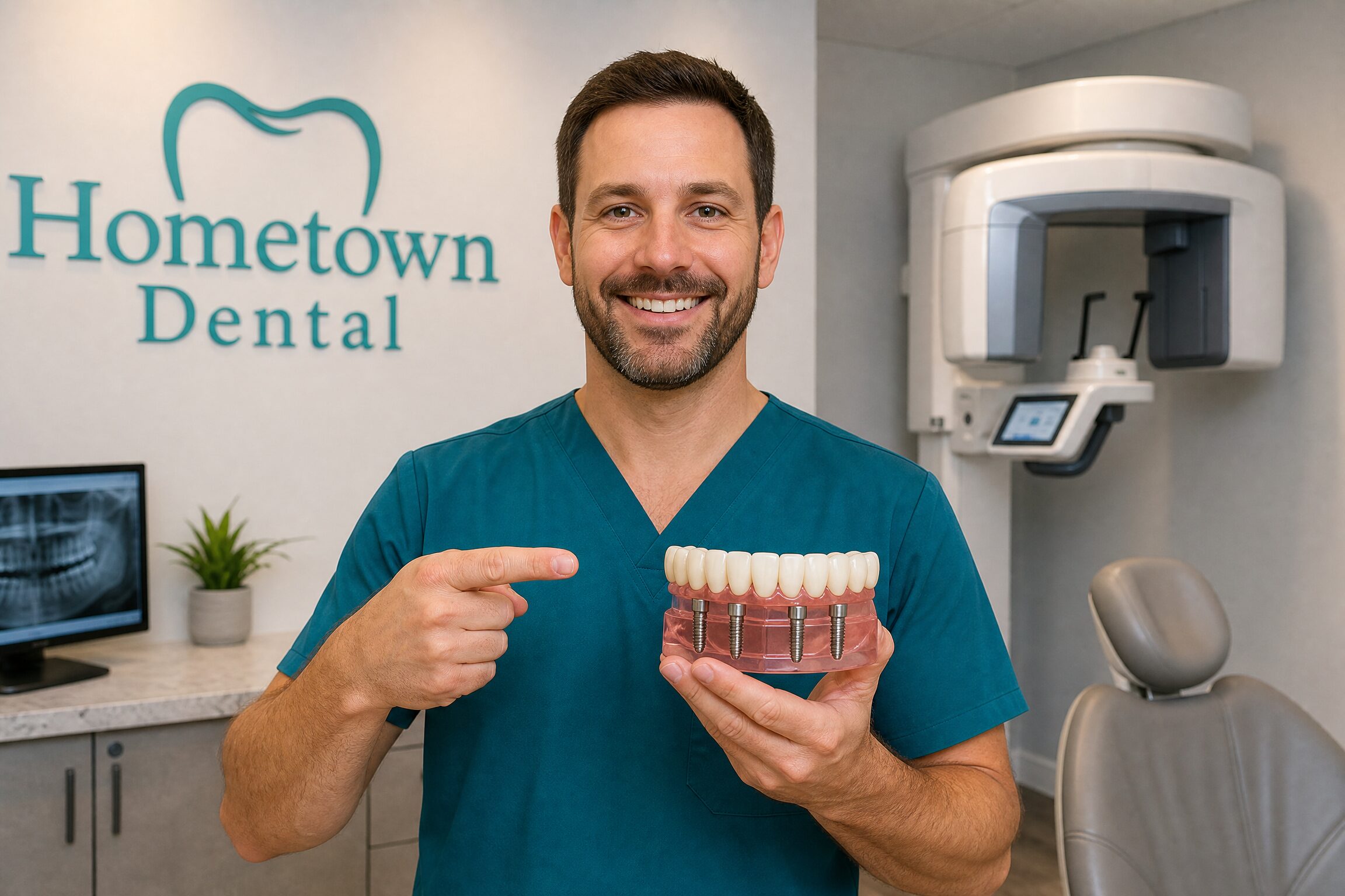 Dentist explaining the All-on-X full arch implant model