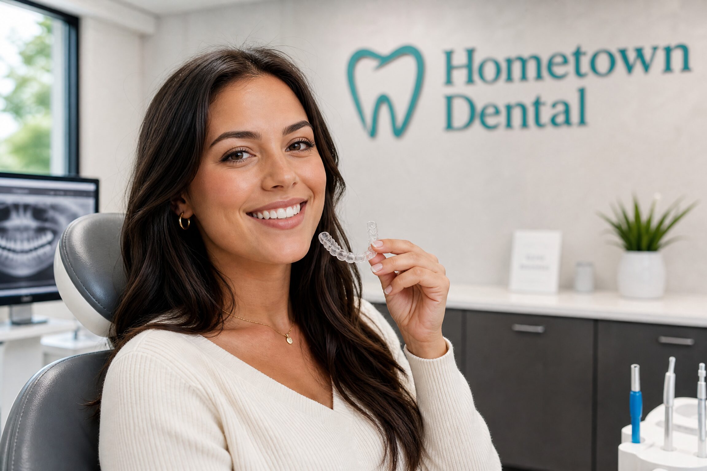 Patient holding Invisalign clear aligner