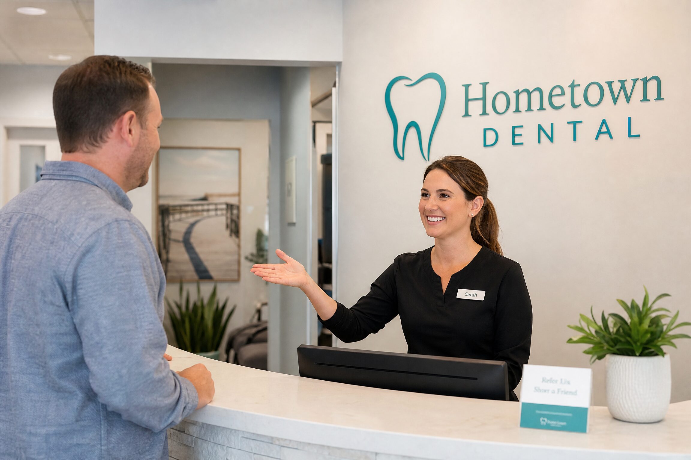 Receptionist warmly greeting a patient for an emergency visit