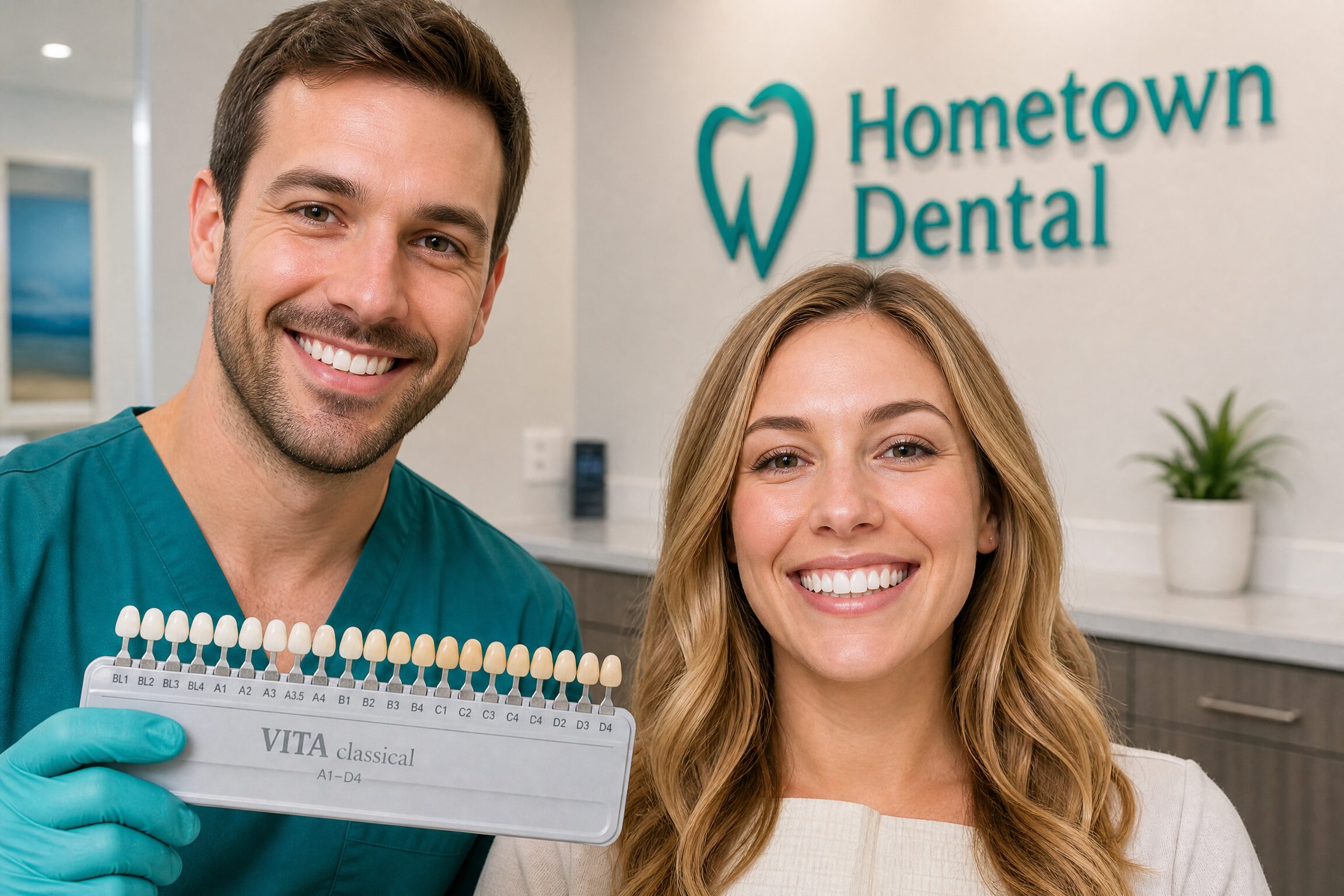 Dentist showing tooth shade improvement after whitening