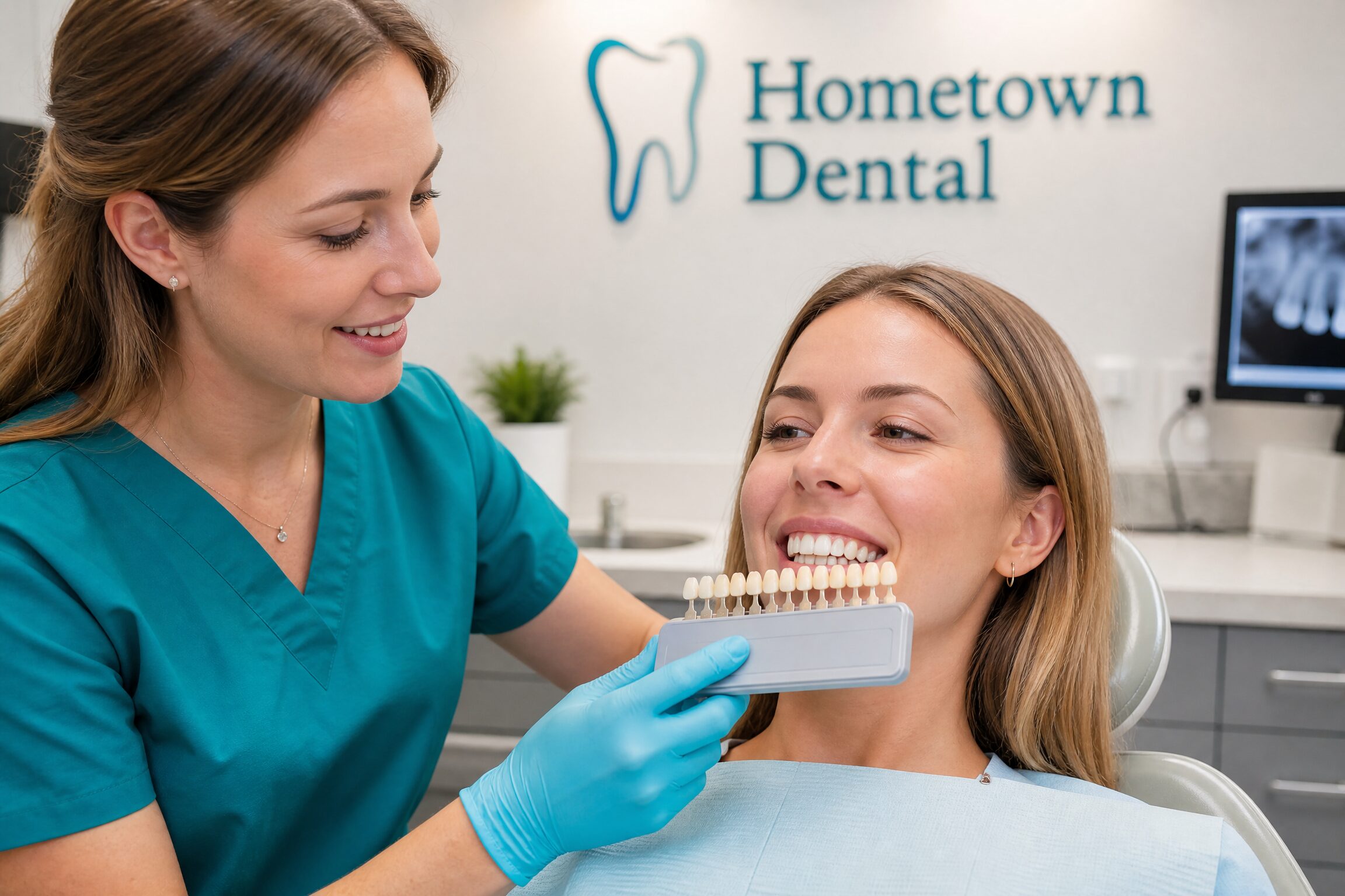 Dentist shade matching composite filling to patient's natural tooth color