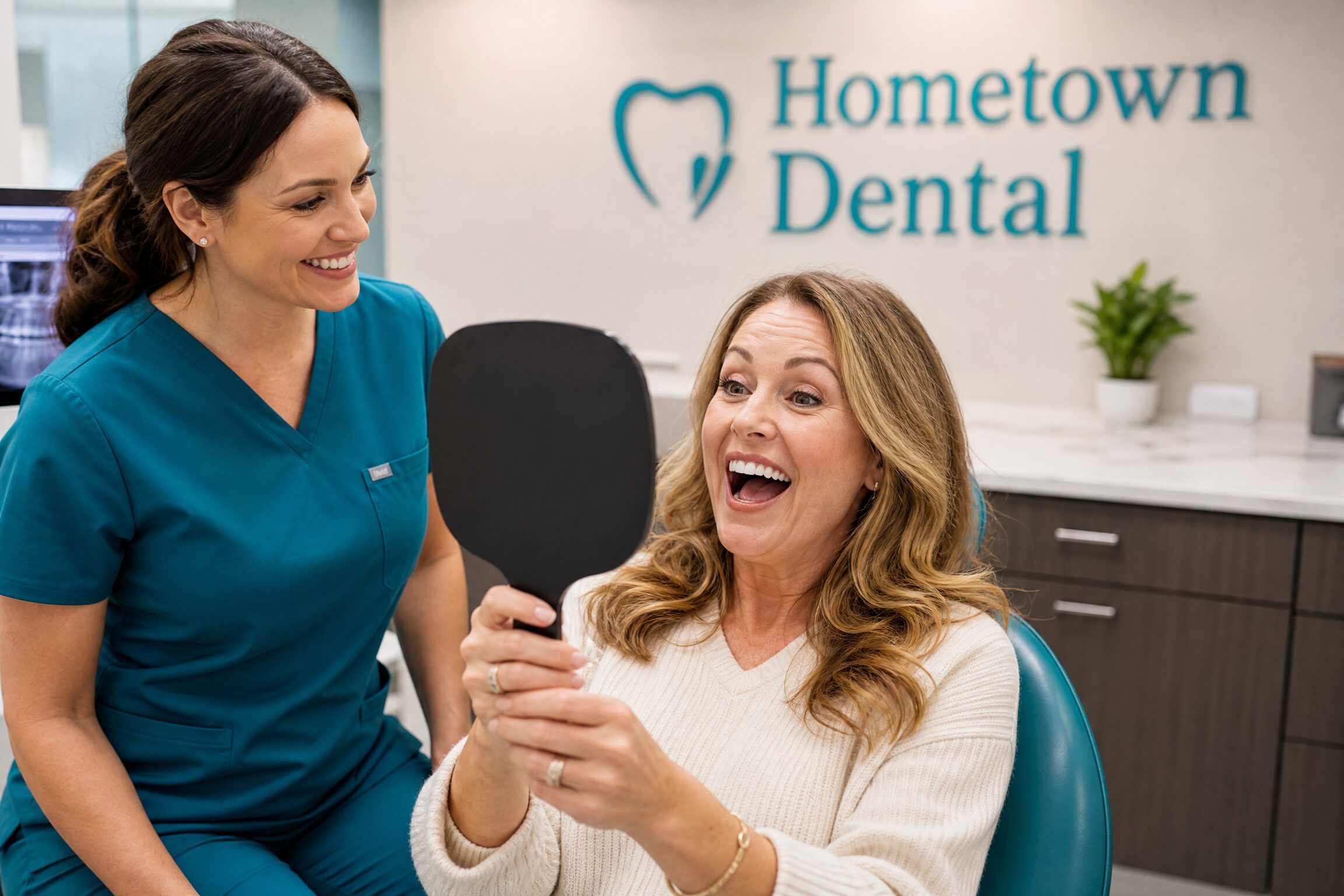 Patient looking at her new porcelain veneer smile in mirror