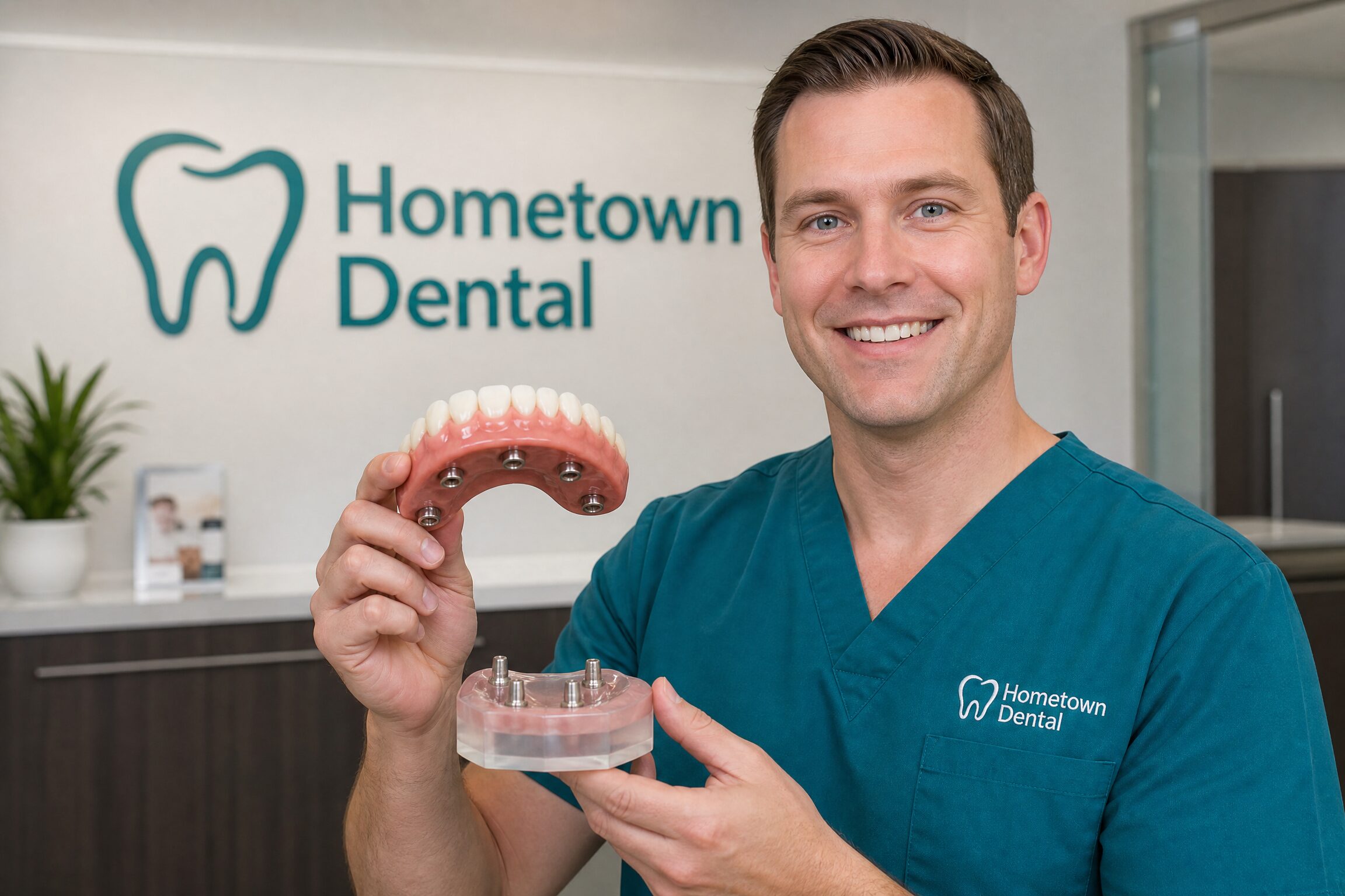 Dentist showing an implant-supported denture with snap attachments