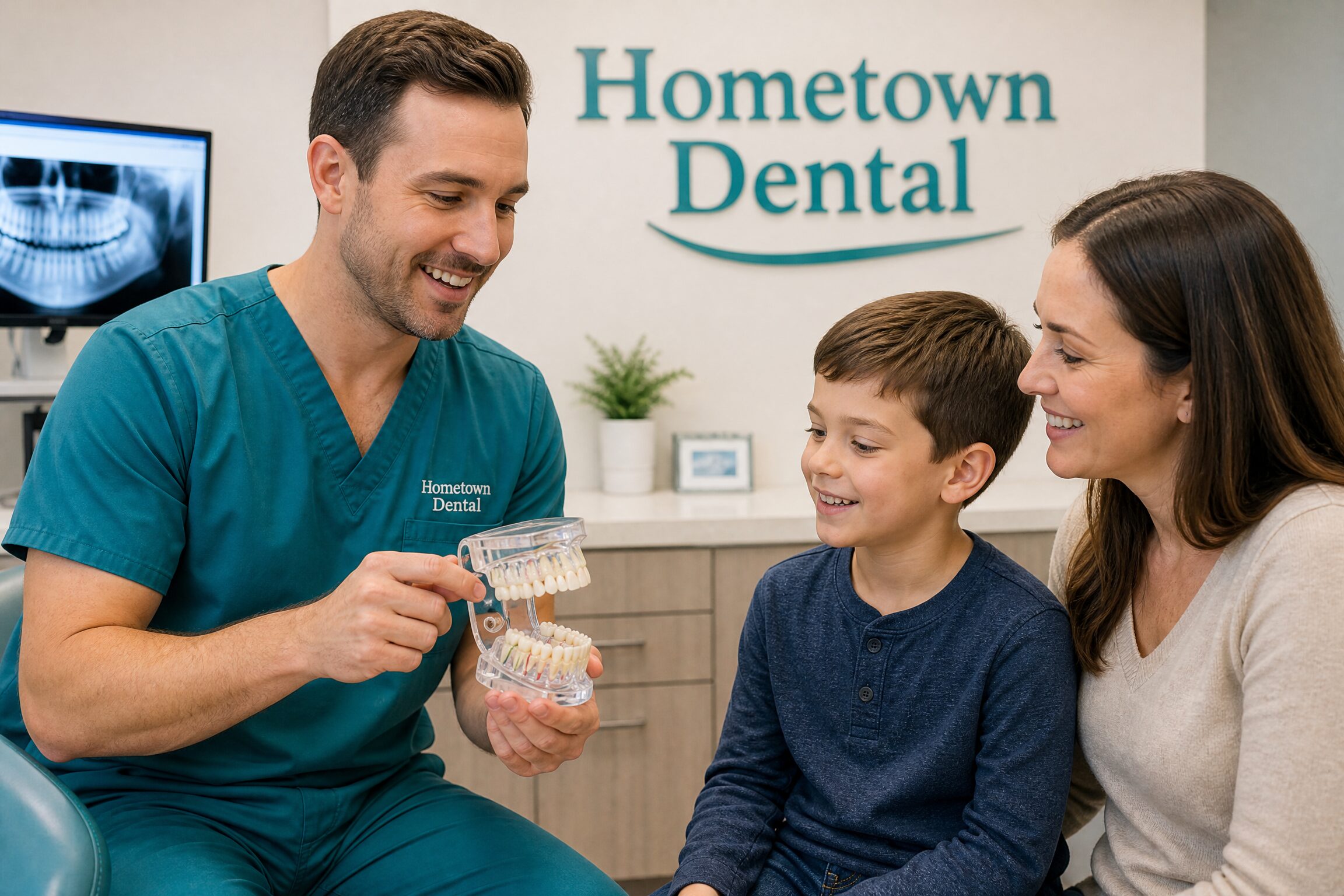 Dentist explaining tooth development to mother and child