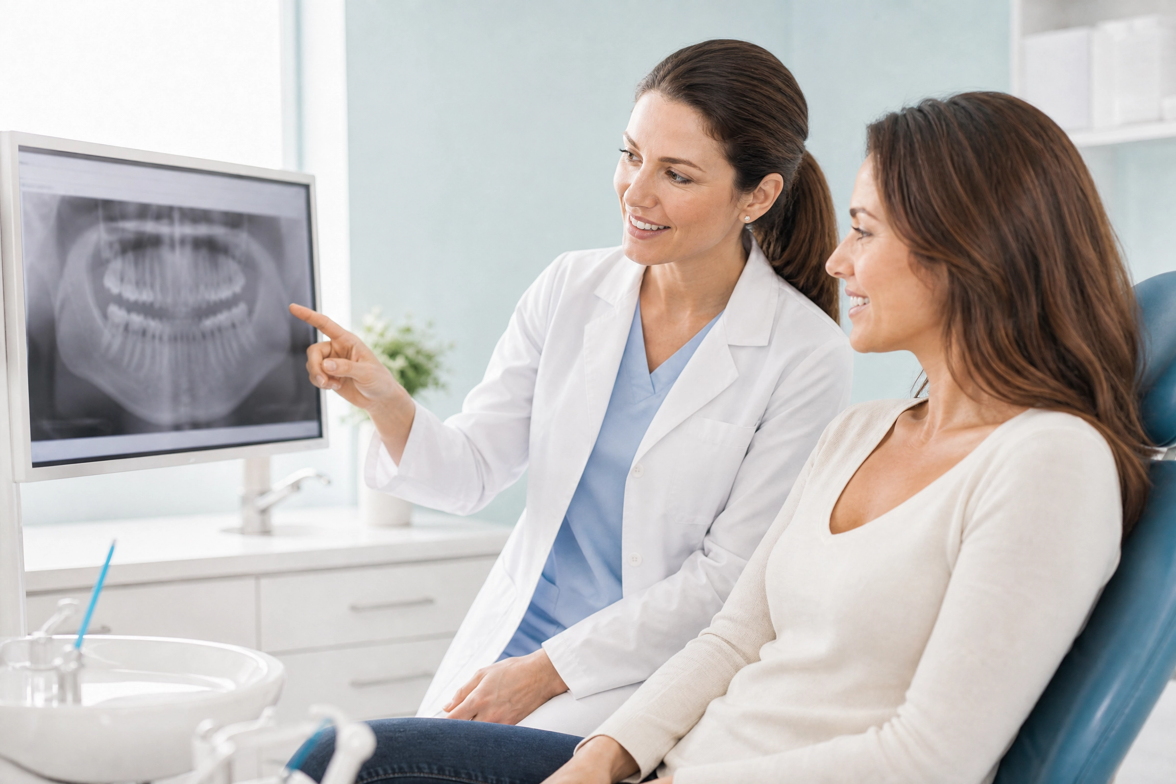 Dentist explaining a dental X-ray to an adult patient in a modern dental office