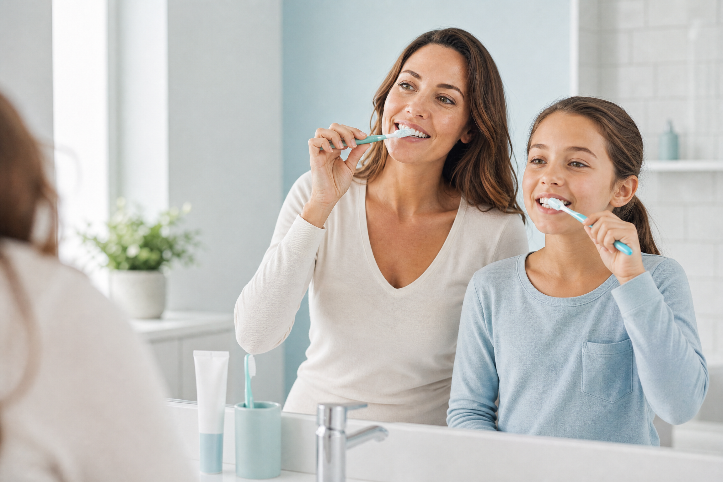 Parent and child brushing their teeth together in a bright bathroom